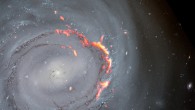 Zoomed in view of an ALMA (red/orange) and Hubble (optical) composite of NGC 4921; it highlights filament structures resulting from the effects of ram-pressure stripping. Image credit: ALMA / ESO / NAOJ / NRAO / S. Dagnello, NRAO / NASA / ESA / Hubble / K. Cook, LLNL / L. Shatz.