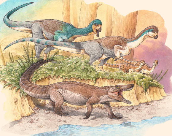 Burkesuchus mallingrandensis and a group of Chilesaurus diegosuarezi. Image credit: Gabriel L. Lio / de Anatomía Comparada y Evolución de los Vertebrados (LACEV), Museo Argentino de Ciencias Naturales ‘Bernardino Rivadavia.’