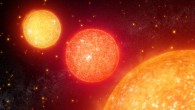 Red giants near and far sweep across the sky in this illustration. Image credit: NASA’s Goddard Space Flight Center / Chris Smith, KBRwyle.