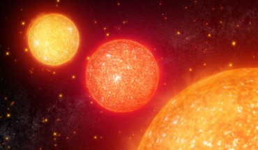 Red giants near and far sweep across the sky in this illustration. Image credit: NASA’s Goddard Space Flight Center / Chris Smith, KBRwyle.