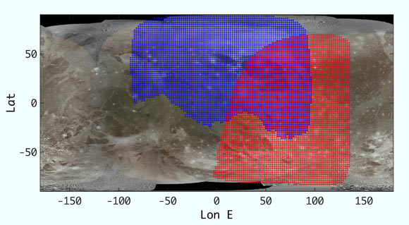 This annotated map of Ganymede depicts the areas of the icy moon’s surface that were imaged by the JIRAM instrument aboard NASA’s Juno spacecraft during two recent close approaches of the moon. The region shaded in blue depicts the area JIRAM covered as Juno flew past at a distance of 100,000 km on December 26, 2019; the infrared camera took 40 images during the encounter. The region shaded in red illustrates JIRAM coverage during the July 20, 2021 flyby, when Juno came within 50,000 km of Ganymede’s surface and JIRAM took 14 infrared images. Image credit: NASA / JPL-Caltech / SwRI / ASI / INAF / JIRAM / USGS.