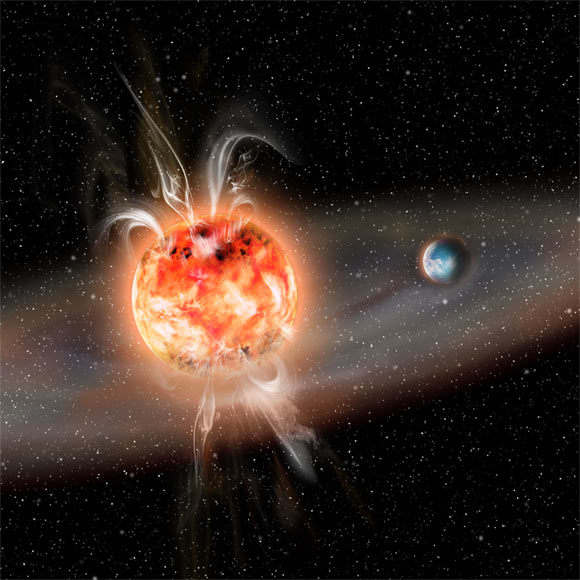 Red dwarfs flare actively and expel particles that can alter and evaporate the atmospheres of planets in their orbit. Image credit: Leibniz Institute for Astrophysics Potsdam / J. Fohlmeister.