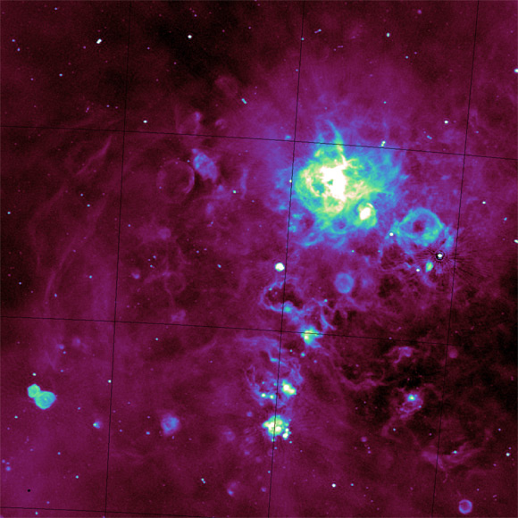 This image, captured by CSIRO’s ASKAP radio telescope, shows the Large Magellanic Cloud. Image credit: Pennock et al., doi: 10.1093/mnras/stab1858.