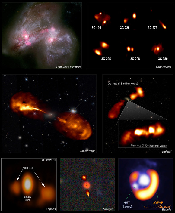 A compilation of the new science results from LOFAR. Image credit: Ramírez-Olivencia et al. / NASA, ESA / Hubble Heritage Team / STScI / AURA / A. Evans, University of Virginia, Charlottesville / NRAO / Stony Brook University / R. Cumming / C. Groeneveld / R. Timmerman / LOFAR / Kukreti / Sloan Digital Sky Survey / A. Kappes / F. Sweijen / DESI Legacy Imaging Survey / S. Badole / L. Calcada / W.L. Williams.