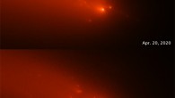 This pair of Hubble images of comet C/2019 Y4 (ATLAS), taken on April 20 and April 23, 2020, reveal the breakup of the solid nucleus of the comet. Image credit: NASA / ESA / Quanzhi Ye, University of Maryland / Alyssa Pagan, STScI.