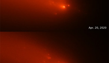 This pair of Hubble images of comet C/2019 Y4 (ATLAS), taken on April 20 and April 23, 2020, reveal the breakup of the solid nucleus of the comet. Image credit: NASA / ESA / Quanzhi Ye, University of Maryland / Alyssa Pagan, STScI.