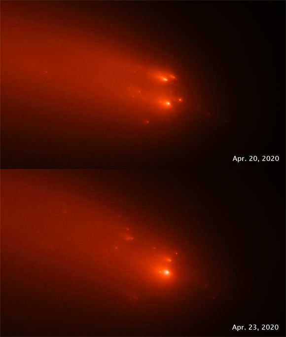This pair of Hubble images of comet C/2019 Y4 (ATLAS), taken on April 20 and April 23, 2020, reveal the breakup of the solid nucleus of the comet. Image credit: NASA / ESA / Quanzhi Ye, University of Maryland / Alyssa Pagan, STScI.