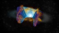 Fast-moving debris from a supernova explosion triggered by a stellar collision in the VT 1210+4956 system crashes into material thrown out earlier, and the shocks cause bright radio emission seen by the VLA. Image credit: Bill Saxton / NRAO / AUI / NSF.