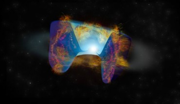 Fast-moving debris from a supernova explosion triggered by a stellar collision in the VT 1210+4956 system crashes into material thrown out earlier, and the shocks cause bright radio emission seen by the VLA. Image credit: Bill Saxton / NRAO / AUI / NSF.