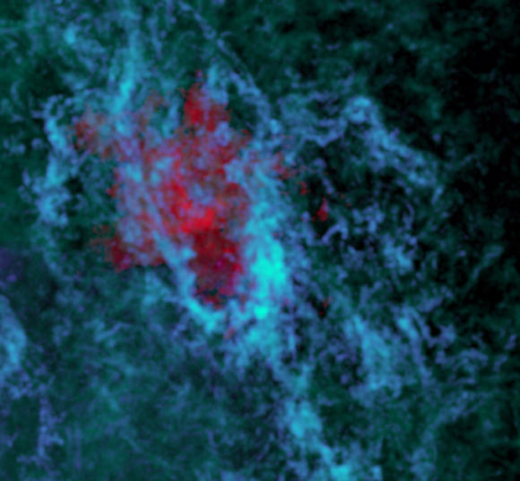 This composite image shows hot ionized gas (red) captured by Hubble and much colder molecular gas (blue and purple) captured by ALMA around Sagittarius A*’s circumnuclear disk. Image credit: Dong et al. / NASA / ESA / Hubble / Hsieh et al. / N. Lira / ALMA / EOS / NAOJ / NRAO.