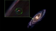 The location of the newly-discovered giant cavity within the Milky Way Galaxy is depicted on the right; a zoomed in view of the cavity (left) shows the Perseus and Taurus molecular clouds in blue and red, respectively; though they appear to sit within the cavity and touch, new 3D images of the clouds show they border the cavity and are quite a distance apart. Image credit: Alyssa Goodman / Harvard & Smithsonian Center for Astrophysics.