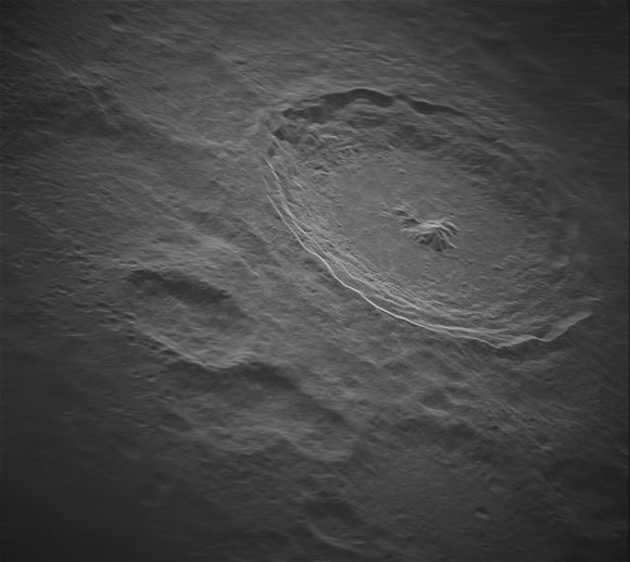 Partially processed view of Tycho Crater at a resolution of nearly 5 x 5 m and containing approximately 1.4 billion pixels, taken during a radar project by Green Bank Observatory, National Radio Astronomy Observatory, and Raytheon Intelligence & Space using the Green Bank Telescope and antennas in the Very Long Baseline Array. Image credit: NRAO / GBO / Raytheon / NSF / AUI.