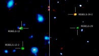 REBELS galaxies: green and orange colors represent radiations from ionized carbon atoms and dust particles, respectively, observed with ALMA, and blue represents near-infrared radiation observed with ESO’s VISTA telescope and the NASA/ESA Hubble Space Telescopes. Image credit: ALMA / ESO / NAOJ / NRAO / NASA / ESA / Hubble / Fudamoto et al.