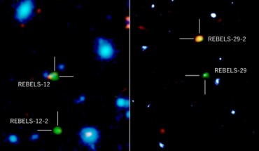 REBELS galaxies: green and orange colors represent radiations from ionized carbon atoms and dust particles, respectively, observed with ALMA, and blue represents near-infrared radiation observed with ESO’s VISTA telescope and the NASA/ESA Hubble Space Telescopes. Image credit: ALMA / ESO / NAOJ / NRAO / NASA / ESA / Hubble / Fudamoto et al.