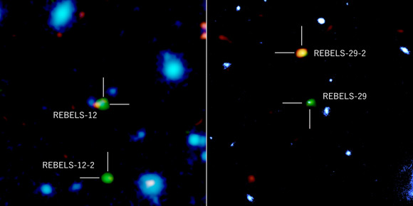 REBELS galaxies: green and orange colors represent radiations from ionized carbon atoms and dust particles, respectively, observed with ALMA, and blue represents near-infrared radiation observed with ESO’s VISTA telescope and the NASA/ESA Hubble Space Telescopes. Image credit: ALMA / ESO / NAOJ / NRAO / NASA / ESA / Hubble / Fudamoto et al.