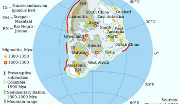 The supercontinent Nuna about 1.59 billion years ago. Image credit: Alexandre DeZotti.