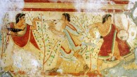 Etruscan dancers and musicians in the Tomb of the Leopards in Tarquinia, Italy. Image credit: Yann Forget.