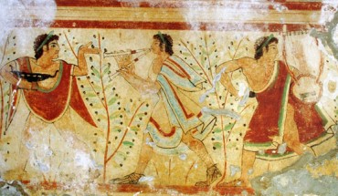 Etruscan dancers and musicians in the Tomb of the Leopards in Tarquinia, Italy. Image credit: Yann Forget.