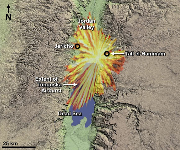 The extent of the cosmic airburst at Tunguska, Siberia (1908), superimposed on the Dead Sea area. Image credit: Bunch et al., doi: 10.1038/s41598-021-97778-3.