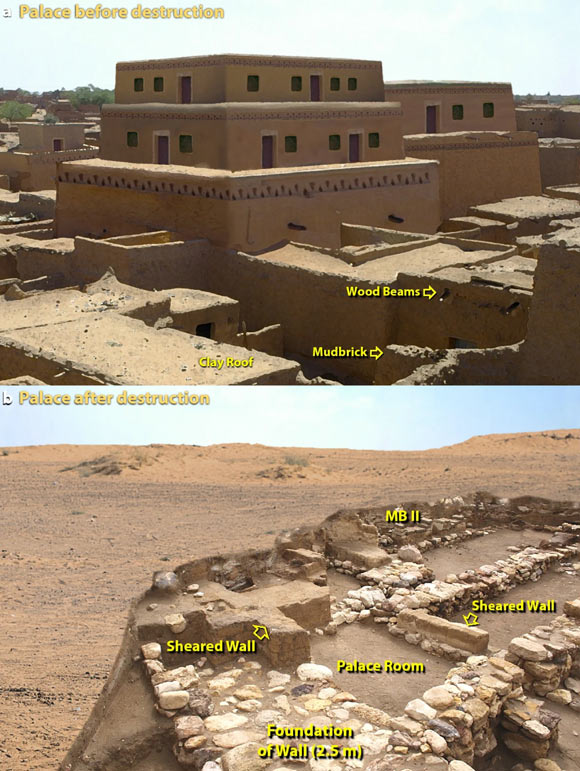 Catastrophic leveling of the palace at Tall el-Hammam: (a) artist’s evidence-based reconstruction of the 4-to-5-story palace that was 52 m long and 27 m wide before its destruction; (b) artist’s evidence-based reconstruction of palace site on upper tall, along with modern excavation; MB II marks the top of 1650-BCE Middle Bronze rubble; note that the field around the excavation is essentially flat, unlike the view in panel ‘a;’ originally, parts of the 4-story palace were over 12 m tall, but afterward, only a few courses of mudbricks remain on stone foundations, labeled as ‘wall remnants’ part of the foundation of the massive wall around the palace is at the bottom; debris from between sheared walls has been removed by excavation; a comparison of panel ‘a’ to panel ‘b’ shows that millions of mudbricks from the upper parts of the palace and other buildings are missing. Image credit: Bunch et al., doi: 10.1038/s41598-021-97778-3.