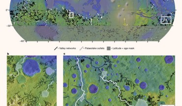Valley networks and paleolake outlet canyons on Mars: (a) distribution of analyzed valley networks (black) and paleolake outlet canyons (white); gray shading indicates the combined latitude (poleward of ±30°) and age (younger than Early Hesperian) mask used for volume calculations; (b and c) examples of the early Martian landscape dissected by both valley networks (black) and paleolake outlet canyons (white); paleolake basin extents shown by semi-transparent white polygons. Image credit: Goudge et al., doi: 10.1038/s41586-021-03860-1.
