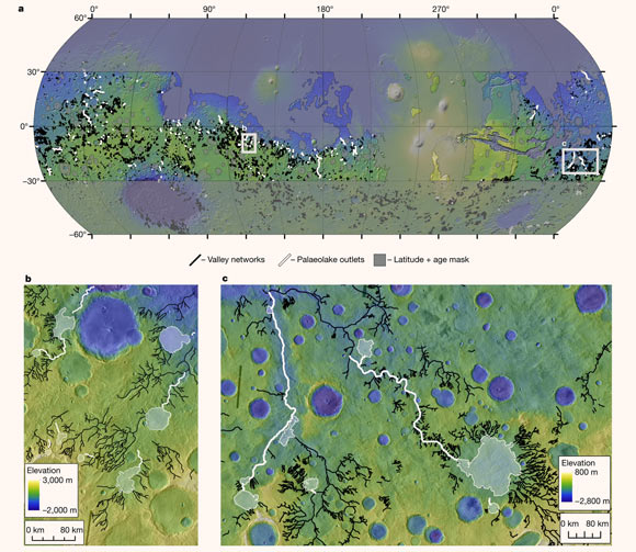 Valley networks and paleolake outlet canyons on Mars: (a) distribution of analyzed valley networks (black) and paleolake outlet canyons (white); gray shading indicates the combined latitude (poleward of ±30°) and age (younger than Early Hesperian) mask used for volume calculations; (b and c) examples of the early Martian landscape dissected by both valley networks (black) and paleolake outlet canyons (white); paleolake basin extents shown by semi-transparent white polygons. Image credit: Goudge et al., doi: 10.1038/s41586-021-03860-1.