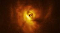 This ALMA image shows the shadow of the innermost ring on the rest of the circumtriple protoplanetary disk around GW Orionis. Image credit: ALMA / ESO / NAOJ / NRAO / University of Exeter / Kraus et al.