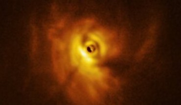 This ALMA image shows the shadow of the innermost ring on the rest of the circumtriple protoplanetary disk around GW Orionis. Image credit: ALMA / ESO / NAOJ / NRAO / University of Exeter / Kraus et al.