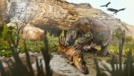 Reconstruction of the Darwin’s ground sloth (Mylodon darwinii) feeding on the carcass of the hoofed native herbivore Macrauchenia. These extinct mammals roamed the Pleistocene landscape of Patagonia and other parts of high and mid-latitude South America, like this reconstructed scene from about 12,000 years ago in front of the famous Mylodon Cave (Cueva del Milodón) in southern Chile. Image credit: Jorge Blanco.