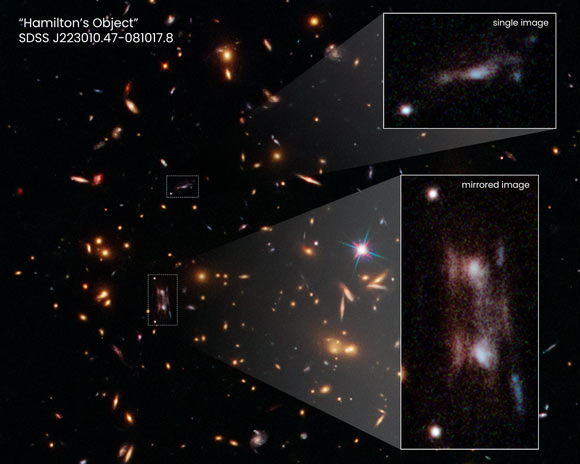This Hubble snapshot shows three magnified images of a distant galaxy embedded in a cluster of galaxies called SDSS J223010.47-081017.8. Image credit: NASA / ESA / Hubble / Richard E. Griffiths, University of Hawaii / Jenny Wagner, University of Heidelberg / Joseph DePasquale, STScI.