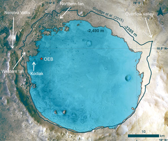 Inferred paleolake level inside Jezero crater at the time of Kodiak sediment deposition. Image credit: Mangold et al., doi: 10.1126/science.abl4051.