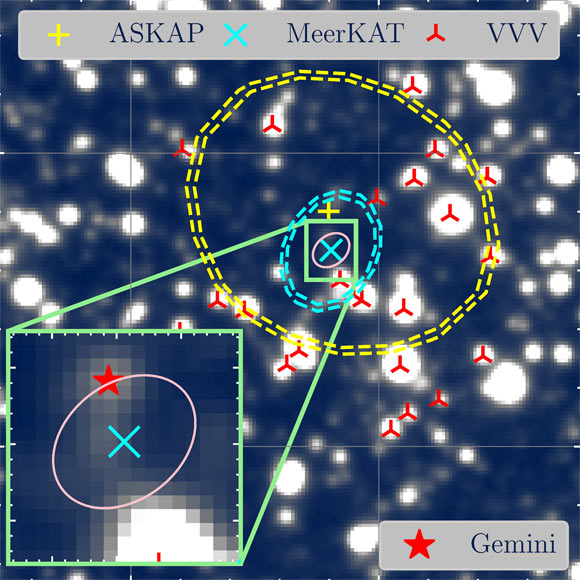 The Gemini image of ASKAP J173608.2-321635. The yellow contours show the ASKAP detection, while the cyan contours show the MeerKAT detection. The best-fit positions from ASKAP and MeerKAT are shown as yellow + and cyan x, respectively. Inverted Y’s show the sources from the VVV catalog. The small pink contour is the best astrometry constraint from MeerKAT. Image credit: Wang et al., arXiv: 2109.00652.