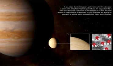 Water vapor is present in the atmosphere of Jupiter’s icy moon Europa. Image credit: NASA / ESA / Hubble / J. da Silva.
