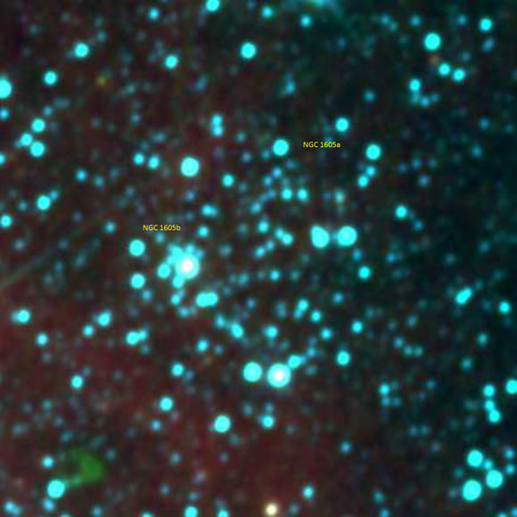 This WISE multicolor image shows NGC 1605, a binary open cluster located 8,480 light-years away in the constellation of Perseus. It was first discovered on December 11, 1786 by the German-born British astronomer William Herschel. Image credit: NASA / WISE / Camargo, arXiv: 2109.14664.