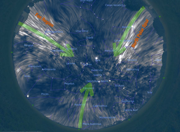 The sky as it would appear in radio polarized waves; the Van-Gogh-like lines show magnetic field orientation. Image credit: Stellarium / J. West.