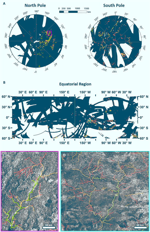 Titan’s rivers and tributaries: (A) polar stereographic view of mapped channels at latitudes greater than 60° for both the north and south; (B) SAR coverage and channels in the equatorial region, between 60°N and 60°S; the pink and teal boxes in these views correspond to the detailed maps of (C) Vid Flumina (north polar river, 72°54’N, 242°15’W) and (D) a river network in Eastern Xanadu (equatorial river, 9°29’S, 139°14’W); channel segment color corresponds to certainty, with green being most certain and red being least certain. Image credit: Miller et al., doi: 10.3847/PSJ/ac0245.