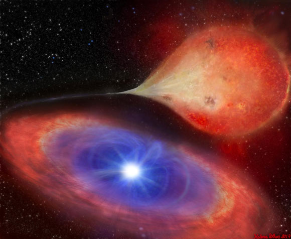 An artist’s impression of a white dwarf -- in this case a white dwarf in the MV Lyrae system -- accreting as it draws in material from a companion star. Image credit: Helena Uthas.