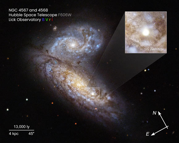 False-color image of SN 2020fqv in its host galaxy system NGC 4567 and NGC 4568; the location of the supernova is shown in the inset. The image is composed of a pre-explosion single-band HST/WFPC2 image in the F606W filter with the color information from ground-based images obtained using the Nickel Telescope at Lick Observatory. The image of SN 2020fqv and the area outside of HST field of view is also from Nickel. Image credit: Joseph Depasquale / STScI.