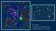 Several instruments joined forces to produce this image of the G237 protocluster, identifying its galaxies in different colors representing different wavelengths of observations. The image on the right zooms in on the central region of G237. Image credit: ESA / Herschel / XMM-Newton / NASA / Spitzer / NAOJ / Subaru / Large Binocular Telescope / ESO / VISTA / Polletta et al. / Koyama et al.