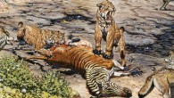 A detail from the 1988 Mark Hallett mural, ‘Trapped in Time,’ depicting saber-toothed cats digging into prey. Image credit: La Brea Tar Pits.