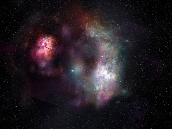 This artist’s conception shows the dust continuum and molecular lines of carbon monoxide and water seen in the pair of galaxies known as SPT0311-58. Image credit: ALMA / ESO / NAOJ / NRAO / S. Dagnello, NRAO.