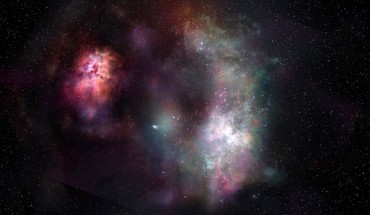 This artist’s conception shows the dust continuum and molecular lines of carbon monoxide and water seen in the pair of galaxies known as SPT0311-58. Image credit: ALMA / ESO / NAOJ / NRAO / S. Dagnello, NRAO.
