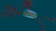 A proton-proton collision event with six muons (red lines) produced in the decays of three J/ψ particles. Image credit: CMS / CERN.