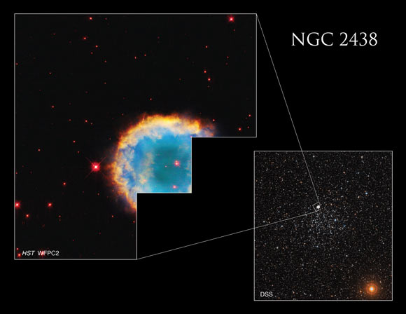 NGC 2438 appears to lie on the outskirts of the open star cluster Messier 46 (NGC 2437), but it is actually in the foreground between us and the star cluster. Image credit: NASA / ESA / Knoll et al. / Gladys Kober, NASA & Catholic University of America.