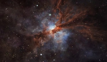 This artist’s impression shows NGP-190387, a dusty star-forming galaxy that is so far away its light has taken over 12 billion years to reach us. Image credit: ESO / M. Kornmesser.