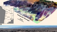 (A) location map for glass localities in Chile: (1) southwest of La Calera; (2) near the town of Pica; (3) Puquio de Núñez; (4) Quebrada de Chipana; and (5) Quebrada Guatacondo. (B) concentration of glassy slabs (dark masses) at the Chipana locality. Largest example in this view is 0.4 m across. Image credit: Schultz et al., doi: 10.1130/G49426.1.