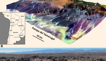 (A) location map for glass localities in Chile: (1) southwest of La Calera; (2) near the town of Pica; (3) Puquio de Núñez; (4) Quebrada de Chipana; and (5) Quebrada Guatacondo. (B) concentration of glassy slabs (dark masses) at the Chipana locality. Largest example in this view is 0.4 m across. Image credit: Schultz et al., doi: 10.1130/G49426.1.