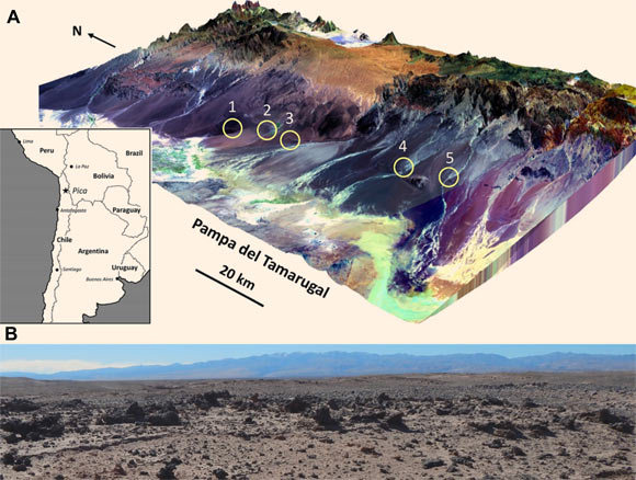 (A) location map for glass localities in Chile: (1) southwest of La Calera; (2) near the town of Pica; (3) Puquio de Núñez; (4) Quebrada de Chipana; and (5) Quebrada Guatacondo. (B) concentration of glassy slabs (dark masses) at the Chipana locality. Largest example in this view is 0.4 m across. Image credit: Schultz et al., doi: 10.1130/G49426.1.