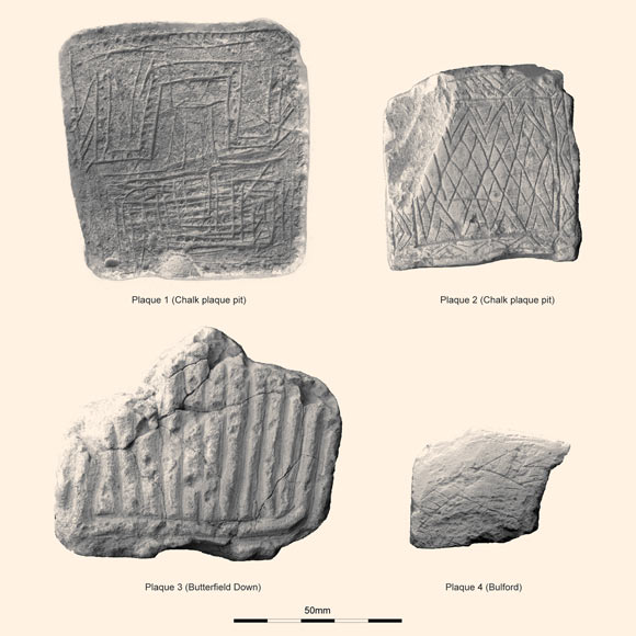 Upper faces of the engraved chalk plaques from the Stonehenge region. Image credit: Davis et al., doi: 10.1017/ppr.2021.13.