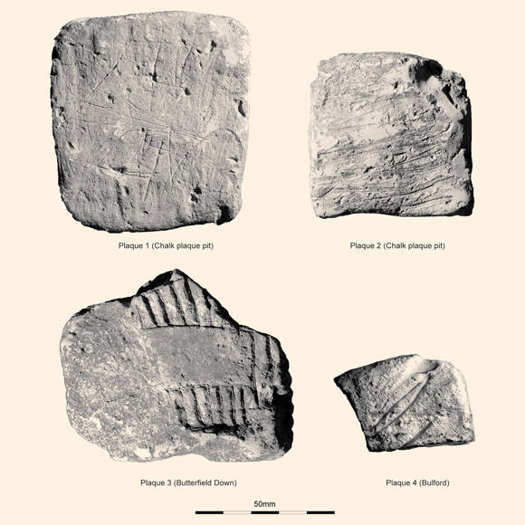 Reverse faces of the engraved chalk plaques from the Stonehenge region. Image credit: Davis et al., doi: 10.1017/ppr.2021.13.